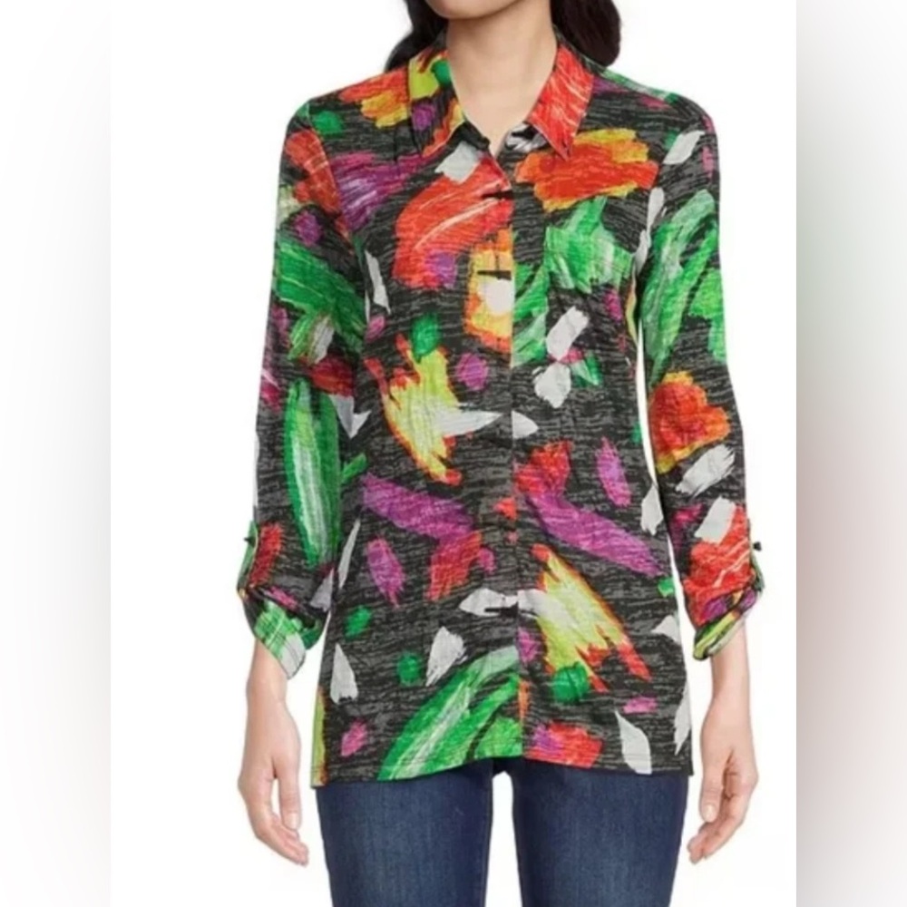 Ali Miles Button Front Shirt Abstract Soft Knit 3/4 Roll Tab Sleeve Women 2X Top